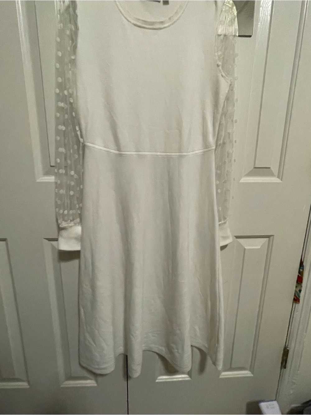 Nina Leonard Ivory Midi Dress with Sheer Polka-Dot Sleeves - Picture 3 of 7